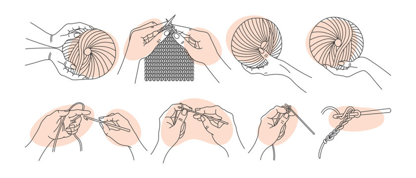 Set of contour illustrations Crochet and Knitting. Hands with skeins, hands with knitting needles and crochet. Hobby concept. Icons