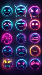 Various neon expressions displayed within a dark and futuristic environment