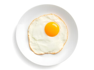 Fried Egg on White Plate, Top View, Isolated, Breakfast Food, Fresh, Healthy Meal, Protein, Yolk.