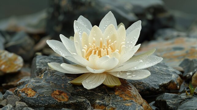 Snow Lotus Medicine Flower of Himalayas Depict Snow Lotus Saussurea involucrata nestled between jagged Himalayan rock pale translucent petal gleaming icy air Tibetan herbalist carefully harvest