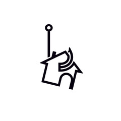 This is a simple line drawing representing a house that features a hook attached to it for various symbolic and graphic design purposes