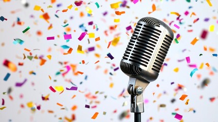 Vintage Microphone Under Spotlight Surrounded by Colorful Confetti for Live Performance Celebration