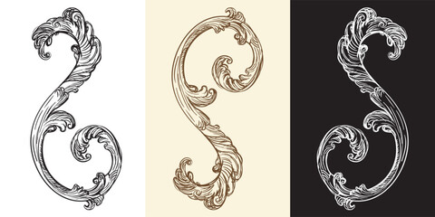 Set of hand drawing design elements. Vector isolated illustration. Vintage decorative baroque monogram, architectural detail in old fashioned style for decoration, cards, wedding, print and design