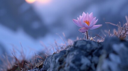 Snow Lotus Saussurea involucrata Endangered Jewel of Himalayas Illustrate delicate Snow Lotus blooming rugged Himalayan cliffside pale violet petal glowing under cold sunlight researcher collect data