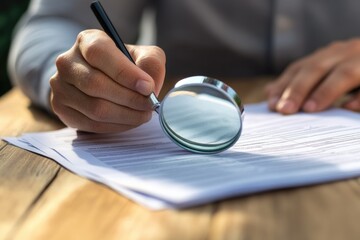 Examining Documents with Magnifying Glass on Wooden Desk Close-up