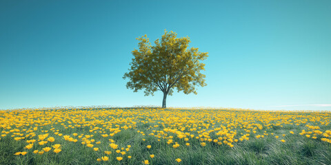 Single tree in a yellow flower field under blue sky with clouds
