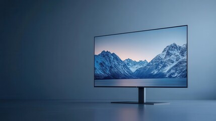 Fototapeta premium Elegant television display showcasing serene mountain landscape with tranquil lake and calming blue hues