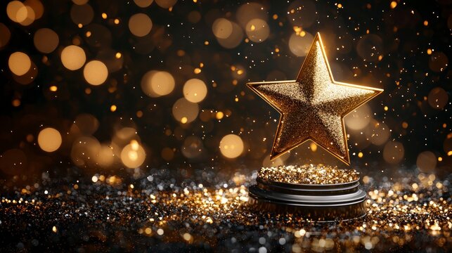 3D Gold Star Award with Sparkling Background for Ceremony Celebrations in High-Quality Gigapixel Format