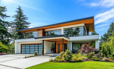 Modern, elegant home with expansive windows and a contemporary design.  Landscaped yard with mature trees and shrubs