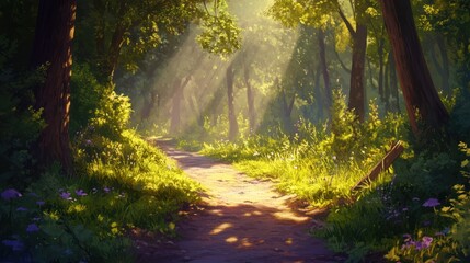 A sunlit forest trail winds through a vibrant and green landscape