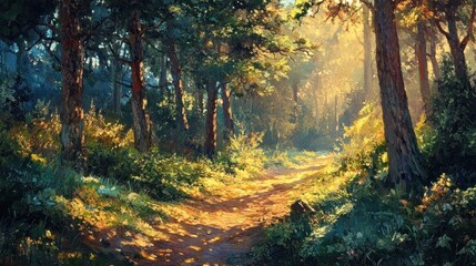 Naklejka premium A sunlit forest pathway through trees and lush green foliage