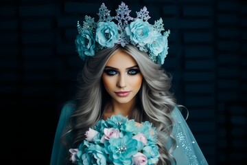 A woman wearing a blue flower crown and holding a bouquet of flowers