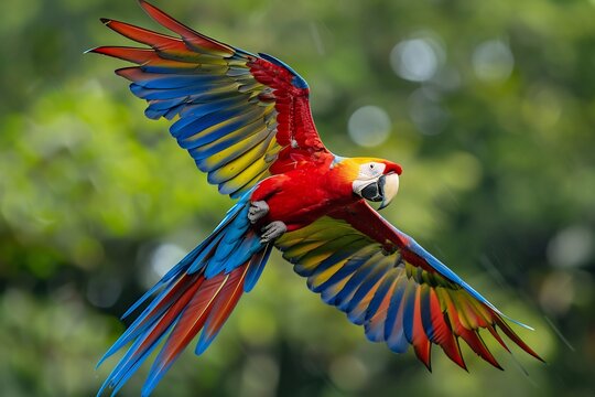 Amazon Rainforest Conservation Efforts Protect Planets Lungs Efforts prevent deforestation help preserve Amazonian biodiversity Show scarlet macaw flying through dense jungle canopy vibrant red blue