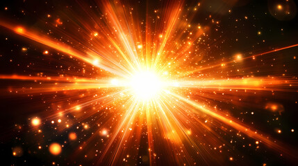 Naklejka premium A bright orange light bursts from the center, spreading outward in a starburst pattern against a black background. Mystic Radiance. Illustration