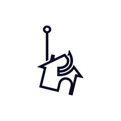 Icon featuring a simplified horse with a rider, incorporating a key symbol in a black design.