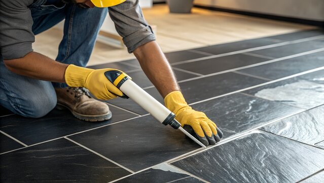 Close-up of a person applying grout or sealant between dark ceramic floor tiles using a caulking gun. Concept of flooring installation, renovation, and home improvement.
