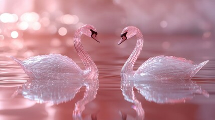 Two elegant swans gracefully glide across the water, their necks forming a heart shape, mirroring each other's reflection in the calm water