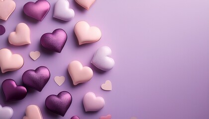 Valentine's Day background with hearts on a purple pastel color, minimalistic