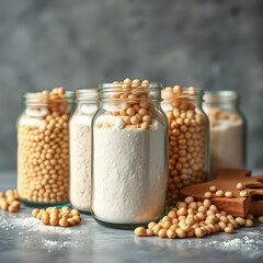Glass jars of whole & refined soy flour, soybeans, farm, texture