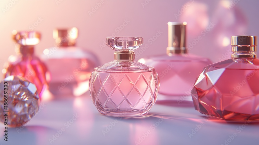 Poster scent layering concept with multiple perfume bottles and a gradient lighting effect.