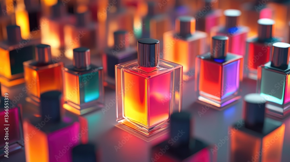 Poster scent layering concept with multiple perfume bottles and a gradient lighting effect.