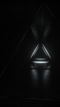 Abstract white futuristic background. Space from glowing neon light tubes of astera on black background. Technology, VJ concept. Tunnel interior view from a triangle. Led lamp. 3d loop animation