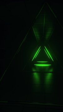 Abstract green futuristic background. Space from glowing neon light tubes of astera on black background. Technology, VJ concept. Tunnel interior view from a triangle. Led lamp. 3d loop animation