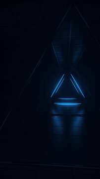 Abstract blue futuristic background. Space from glowing neon light tubes of astera on black background. Technology, VJ concept. Tunnel interior view from a triangle. Led lamp. 3d loop animation of 4K