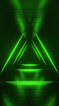 Abstract green futuristic background. Space from glowing neon light tubes of astera on black background. Technology, VJ concept. Tunnel interior view from a triangle. Led lamp. 3d loop animation