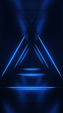 Abstract blue futuristic background. Space from glowing neon light tubes of astera on black background. Technology, VJ concept. Tunnel interior view from a triangle. Led lamp. 3d loop animation of 4K