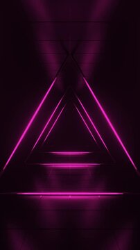Abstract pink futuristic background. Space from glowing neon light triangle tubes of astera on black background. Technology, VJ concept. Led lamp. Horizontal view. Seamless loop 3d animation of 4K