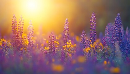 Naklejka premium Sunrise Splendor in a Field of Lupines.