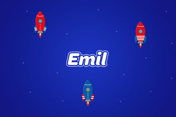 Emil male boy name illustration in blue with rockets.