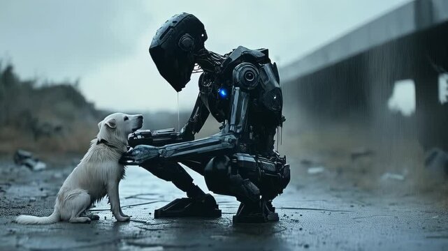 Robot Kneeling Before Dog in Rainy Post-Apocalyptic Scene. Video. Horizontal.