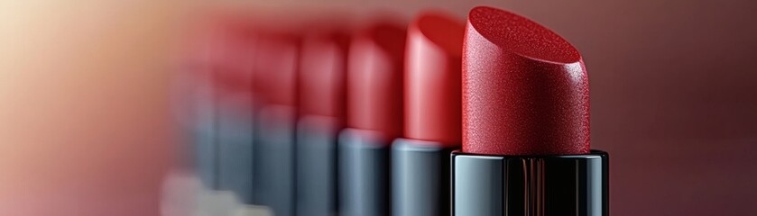 Close-up shot of several red lipsticks lined up in a row, with a soft-focus background. The focus is sharpest on the lipstick in the foreground.