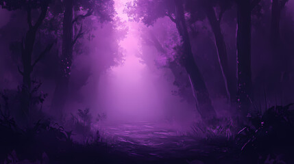 Glowing purple fog surrounds enchanted forest, eerie, otherworldly. Enchanted Fog. Illustration