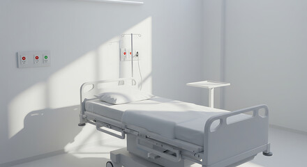 Empty Hospital Room with Bed and Equipment in Clean Setting