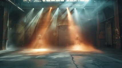 A dramatic empty stage illuminated by colorful lights, with thick fog rolling across the floor, creating a cinematic and atmospheric scene perfect for concerts, performances, or theatrical events