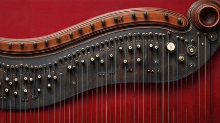 Naklejka premium Top-down view of a concert harp's soundboard, strings, and detailed wooden craftsmanship.
