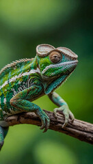 Chameleon lizard on a green background.