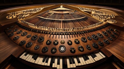 Top-down view of a concert harp's soundboard, strings, and detailed wooden craftsmanship.