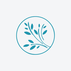 Stylized Blue Leaf Branch in a Circle Logo, Plant Branch with leaves. Nature Symbol