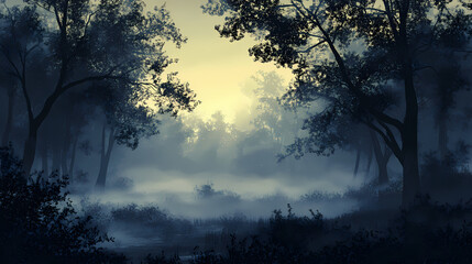 Obraz premium Thick fog blankets a dark, brooding forest, creating an air of mystery , sunset, enchanted. Enchanted Fog. Illustration
