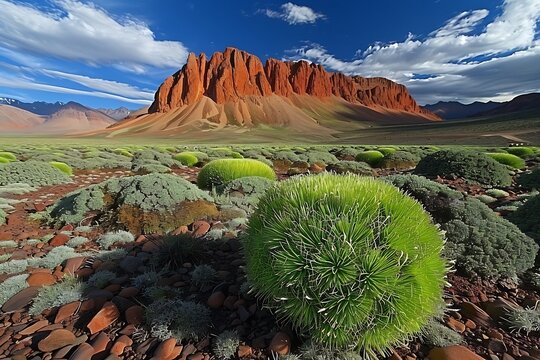 Yareta Immortal Cushion Plant of Andes Depict massive cushion like Yareta plant Azorella compacta growing high altitude desert of South America bright green mossy surface contrasting surrounding red