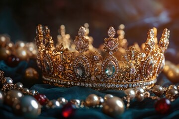 Golden Crown with Jewels and Pearls Close-up Luxury Still Life