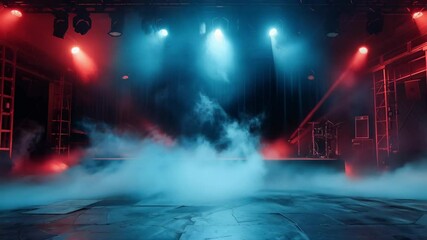 A dramatic empty stage illuminated by colorful lights, with thick fog rolling across the floor, creating a cinematic and atmospheric scene perfect for concerts, performances, or theatrical events