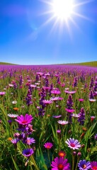 Obraz premium A vibrant meadow bathed in sunlight, a carpet of purple and pink wildflowers stretching to a clear blue sky, botany, environment, scenery