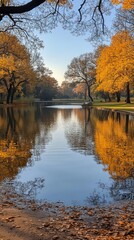 Fototapeta premium Autumn park pond reflection