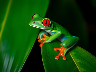 Obraz premium Vibrant Red-Eyed Tree Frog on Lush Green Leaf Amphibian, Rainforest Wildlife, Nature Portrait