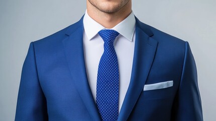 Professional Businessman in Blue Suit with Polka Dot Tie Posing Confidently Against Neutral Background